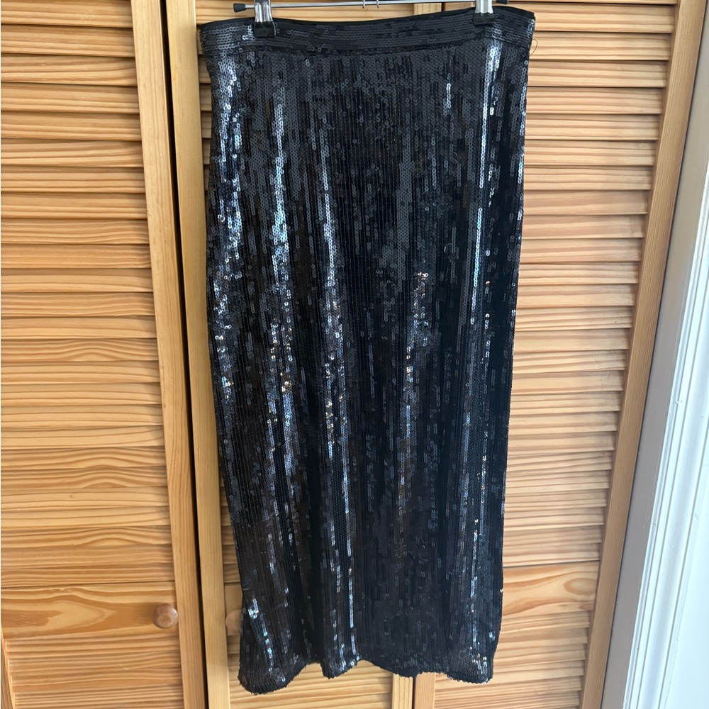 H&M Black Sequin Midi Skirt w/ Side Slit | NWT | Size 6